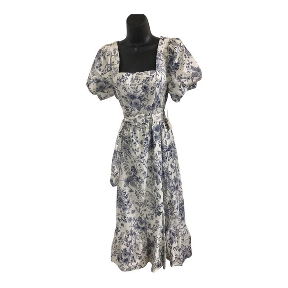 Cream blue floral‎ puff sleeve belted smocked square neck nap dress size medium - Picture 10 of 17
